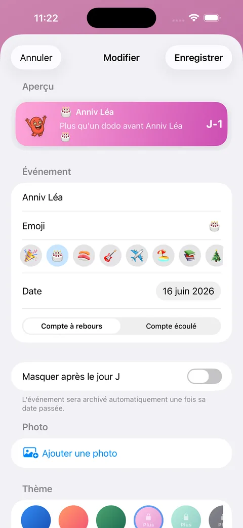 Almostly, éditeur d'événement : emoji, date, thème