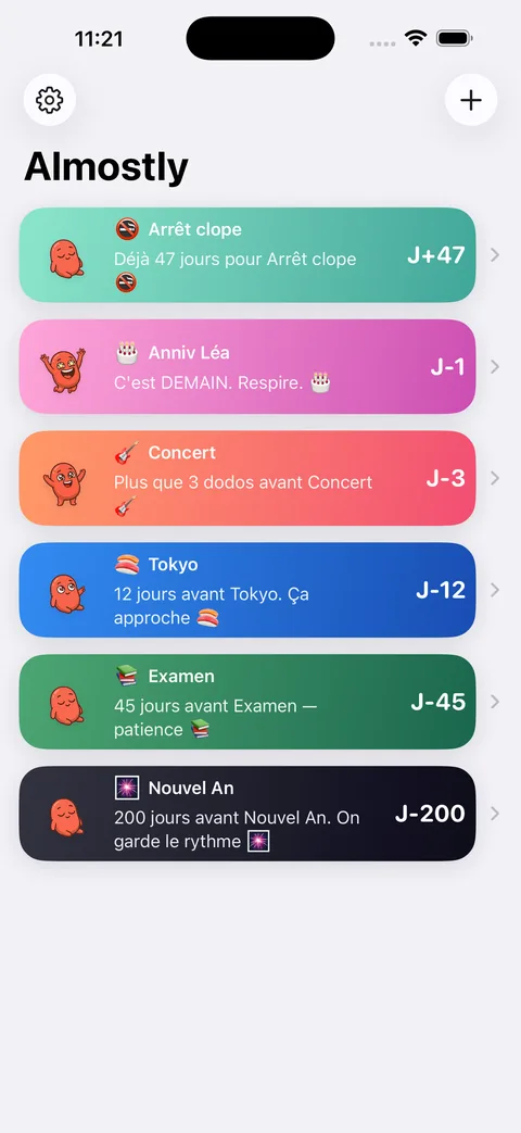 Almostly, liste de comptes à rebours colorés avec la mascotte Pip