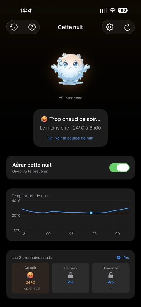 Givró, écran principal nuit chaude