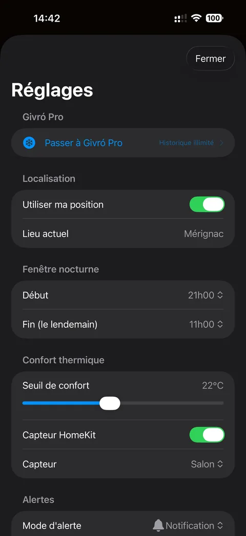 Givró, réglages HomeKit